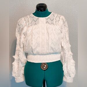 Anthropologie Not So Serious White Eyelet Ruffle Long Sleeve Blouse